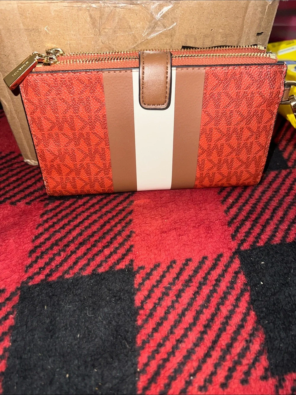 Michael Kors Orange Monogram Stripe Zip Wristlet